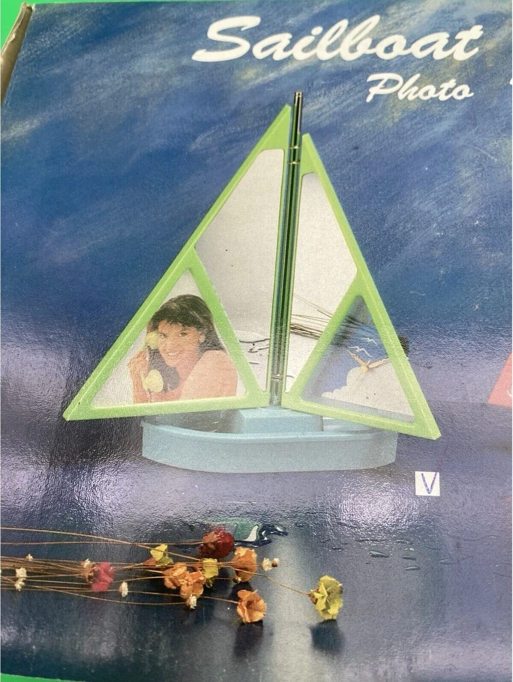 Retro 1980's Sailboat Table Clock, Photo Frame & Mirror - Blue & Green - NOS